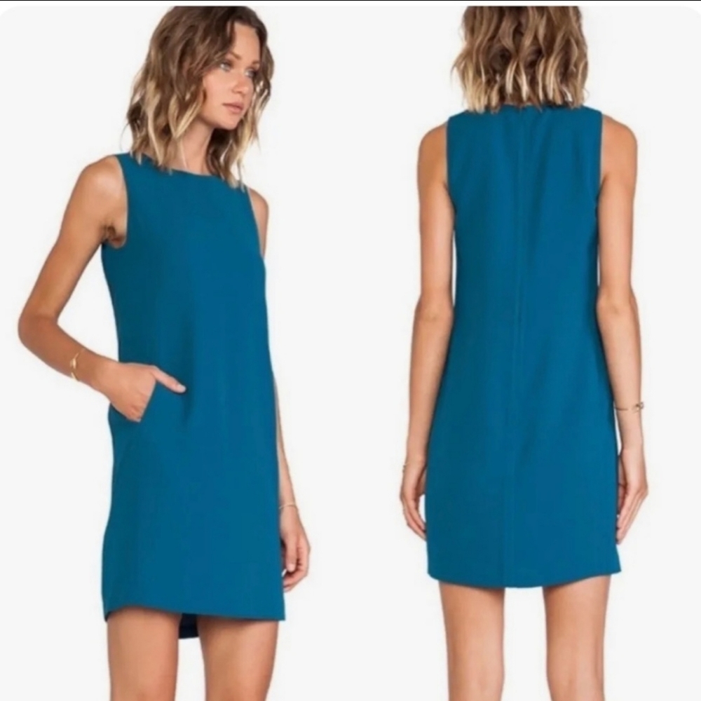 Vince Classic Crepe Shift Dress Size 4 Petroleum Teal Pockets Sleeveless Lined